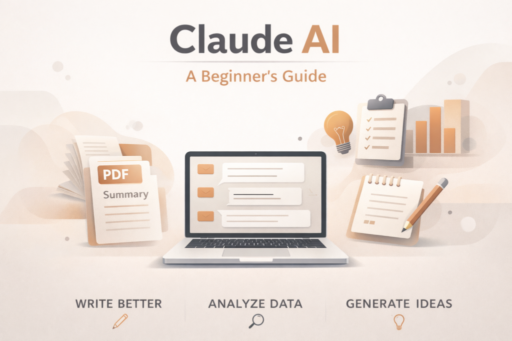 Minimalist Claude AI blog header featuring a laptop with AI chat interface, surrounded by documents, notes, and analytics icons in soft beige and orange tones.