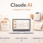 Minimalist Claude AI blog header featuring a laptop with AI chat interface, surrounded by documents, notes, and analytics icons in soft beige and orange tones.