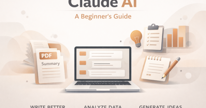 Minimalist Claude AI blog header featuring a laptop with AI chat interface, surrounded by documents, notes, and analytics icons in soft beige and orange tones.