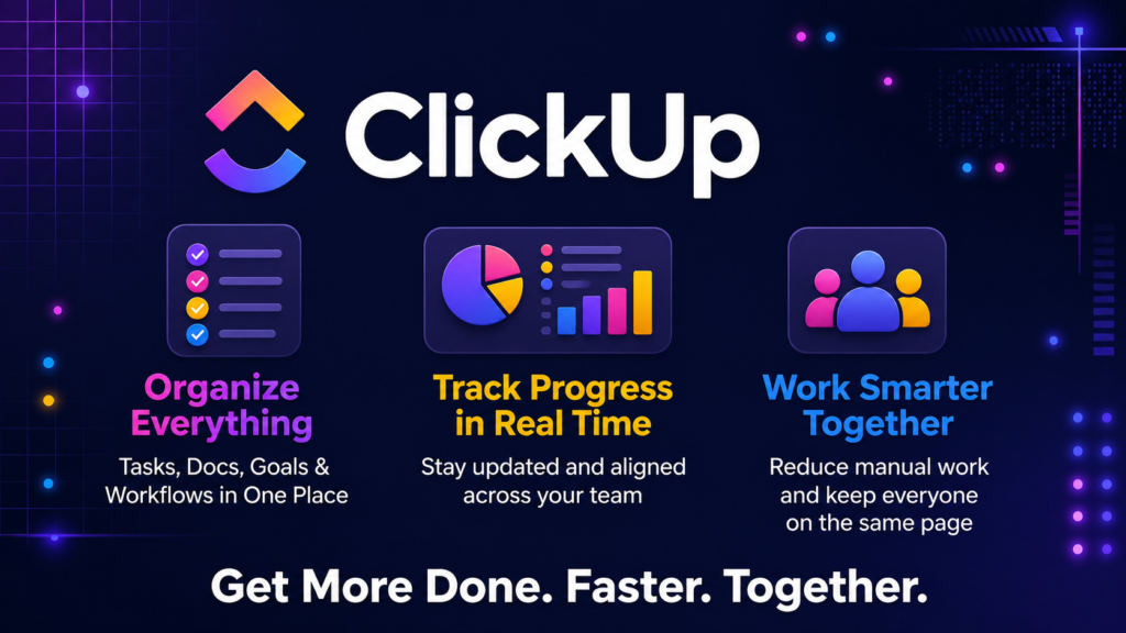 ClickUp promotional graphic showing task organization, real-time progress tracking, and team collaboration in a unified workflow system