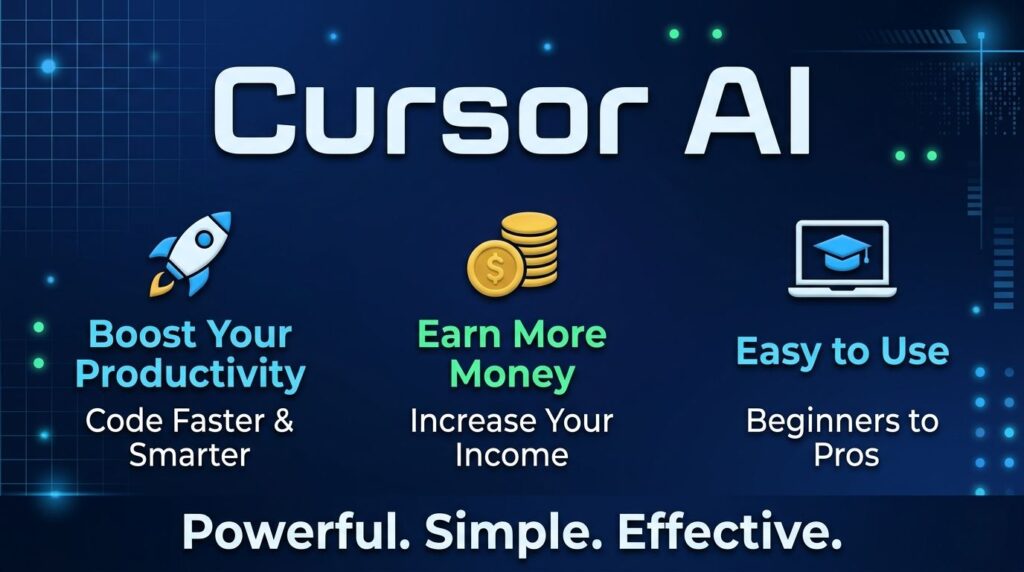 Cursor AI infographic showing how to code faster, earn more money, and learn programming easily for beginners and professionals