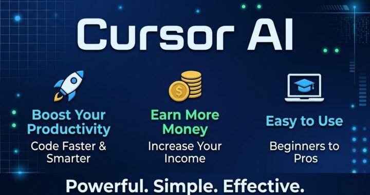 Cursor AI infographic showing how to code faster, earn more money, and learn programming easily for beginners and professionals