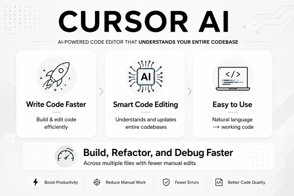 Modern light-themed tech banner with gray and white background, featuring bold black text “Cursor AI” and a clean layout with three sections and icons (rocket, AI chip, laptop) illustrating faster coding, intelligent code editing across files, and simplified development.