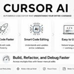 Modern light-themed tech banner with gray and white background, featuring bold black text “Cursor AI” and a clean layout with three sections and icons (rocket, AI chip, laptop) illustrating faster coding, intelligent code editing across files, and simplified development.