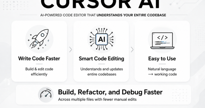 Modern light-themed tech banner with gray and white background, featuring bold black text “Cursor AI” and a clean layout with three sections and icons (rocket, AI chip, laptop) illustrating faster coding, intelligent code editing across files, and simplified development.