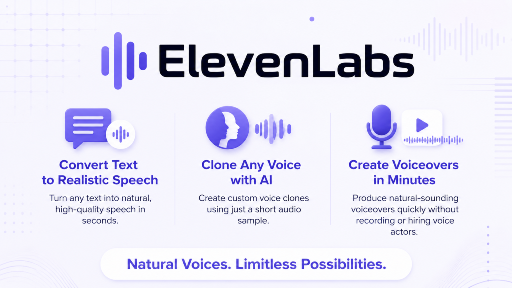 Light-themed promotional graphic for ElevenLabs showing AI voice generation, voice cloning, and fast creation of natural-sounding voiceovers without recording