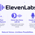 Light-themed promotional graphic for ElevenLabs showing AI voice generation, voice cloning, and fast creation of natural-sounding voiceovers without recording