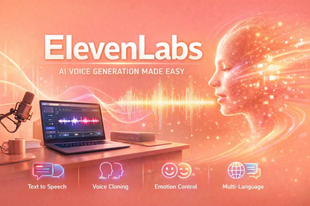 Illustration of ElevenLabs AI voice generator showing text-to-speech technology, voice cloning, and realistic audio waveform with a digital human face and modern workspace