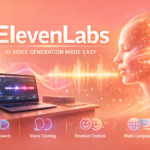 Illustration of ElevenLabs AI voice generator showing text-to-speech technology, voice cloning, and realistic audio waveform with a digital human face and modern workspace