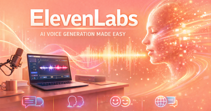 Illustration of ElevenLabs AI voice generator showing text-to-speech technology, voice cloning, and realistic audio waveform with a digital human face and modern workspace