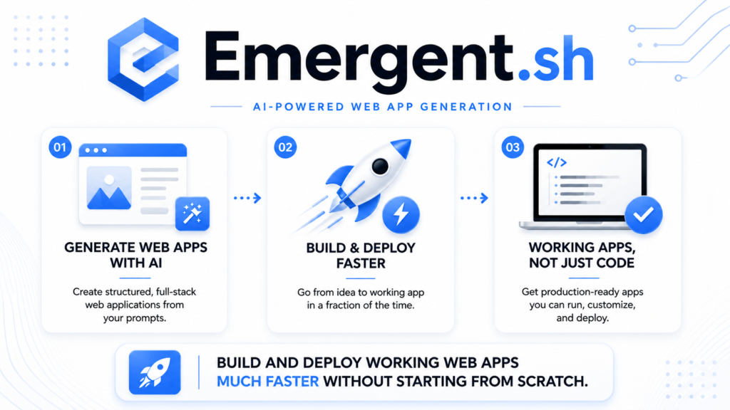 Light-themed infographic showing Emergent.sh generating structured web apps from prompts, highlighting faster build and deployment workflow