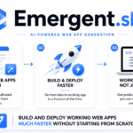 Light-themed infographic showing Emergent.sh generating structured web apps from prompts, highlighting faster build and deployment workflow