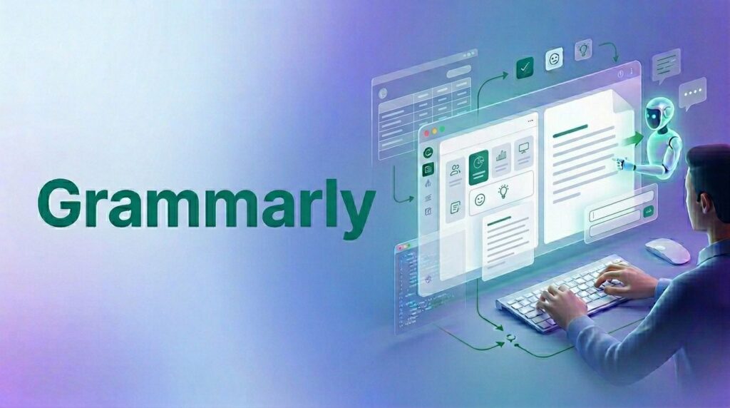 AI-generated mockup of Grammarly interface showing real-time writing suggestions, including clarity improvements, grammar corrections, and tone detection panel alongside a document editor