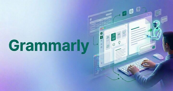 AI-generated mockup of Grammarly interface showing real-time writing suggestions, including clarity improvements, grammar corrections, and tone detection panel alongside a document editor