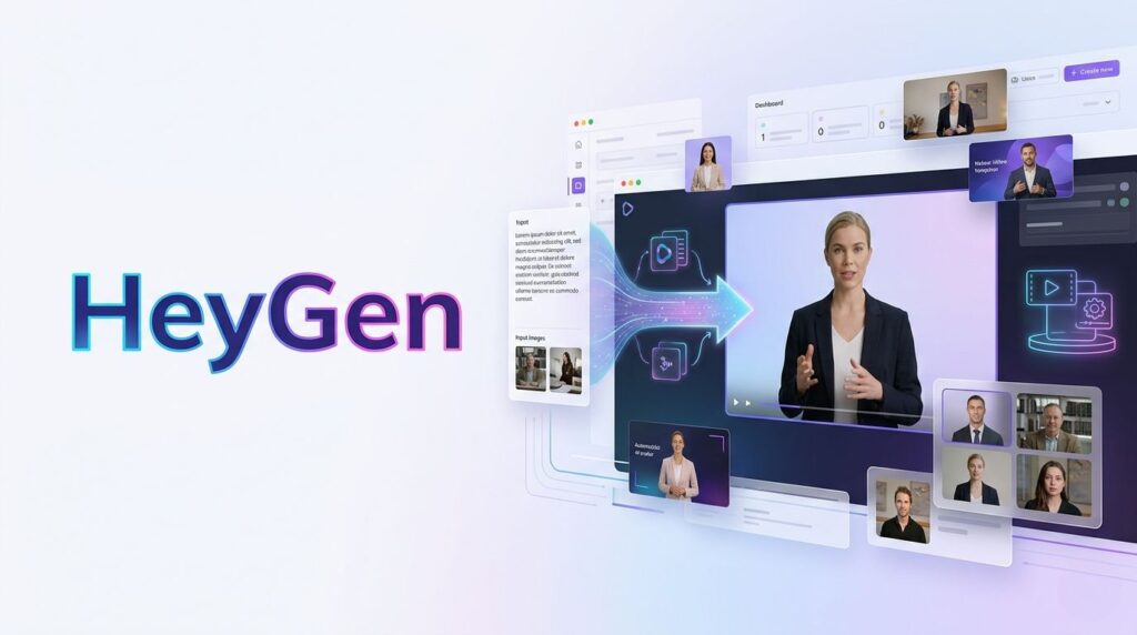 A modern hero image for HeyGen's website, split into a bold text title "HeyGen" on the left and a visual demonstration on the right. The text uses HeyGen's blue, purple, and pink branding with a futuristic glow. The visual section shows a hyper-realistic AI avatar on a large screen, with data flowing from text and images on the left to form the final video on the right. Additional elements include a video dashboard, templates, and abstract data flow lines, all in a clean, professional SaaS style