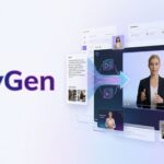 A modern hero image for HeyGen's website, split into a bold text title "HeyGen" on the left and a visual demonstration on the right. The text uses HeyGen's blue, purple, and pink branding with a futuristic glow. The visual section shows a hyper-realistic AI avatar on a large screen, with data flowing from text and images on the left to form the final video on the right. Additional elements include a video dashboard, templates, and abstract data flow lines, all in a clean, professional SaaS style
