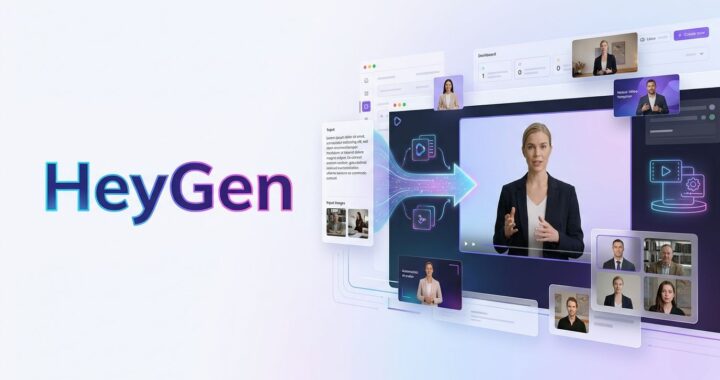 A modern hero image for HeyGen's website, split into a bold text title "HeyGen" on the left and a visual demonstration on the right. The text uses HeyGen's blue, purple, and pink branding with a futuristic glow. The visual section shows a hyper-realistic AI avatar on a large screen, with data flowing from text and images on the left to form the final video on the right. Additional elements include a video dashboard, templates, and abstract data flow lines, all in a clean, professional SaaS style