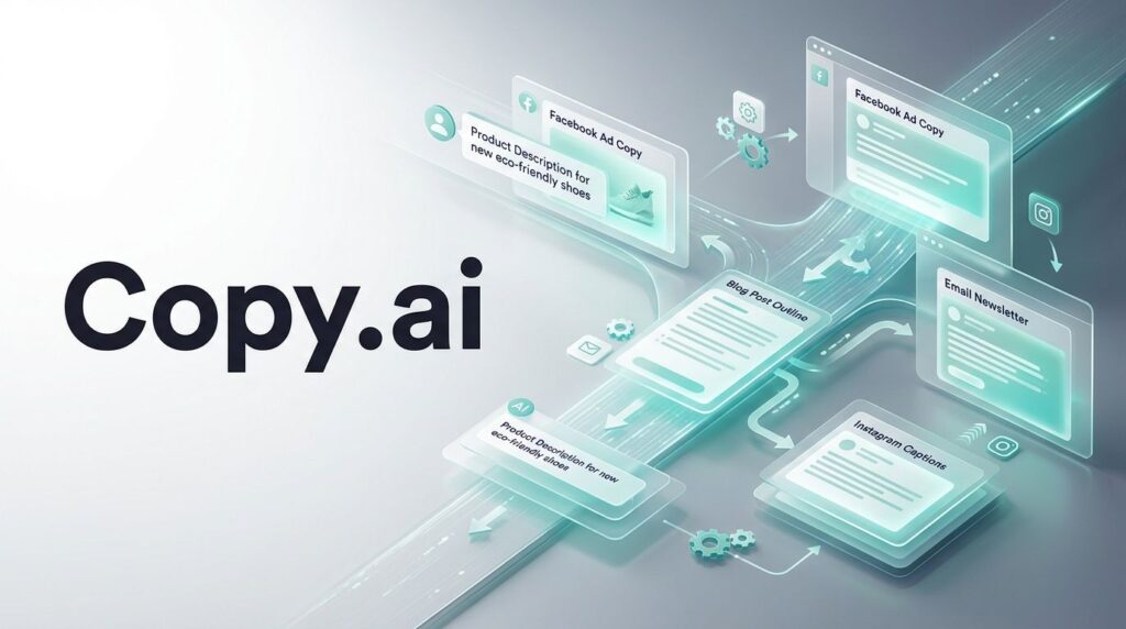 Diagram showing how Copy.ai turns a user prompt into marketing content through AI processing, draft generation, editing, and iterative prompt refinement.
