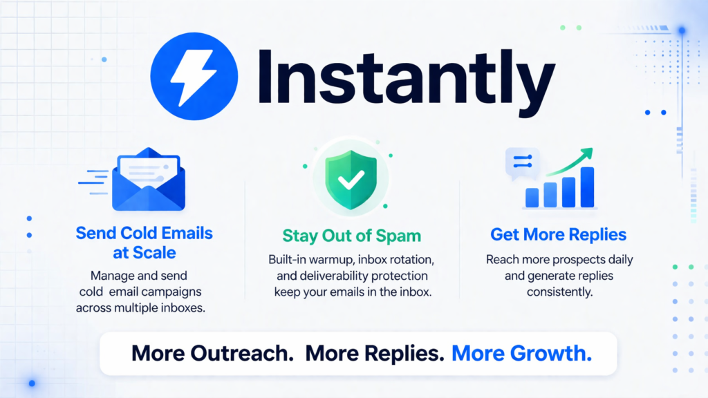 Clean SaaS banner showing Instantly platform for sending cold emails at scale with inbox rotation, deliverability protection, and consistent reply generation