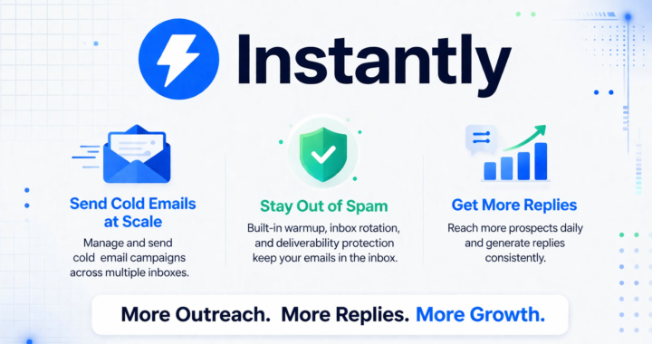 Clean SaaS banner showing Instantly platform for sending cold emails at scale with inbox rotation, deliverability protection, and consistent reply generation