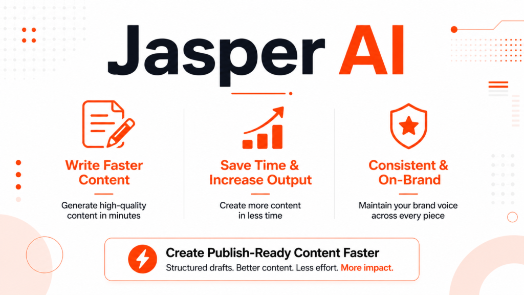 Clean white and orange (#fa4028) marketing banner showing Jasper AI with three sections highlighting faster content writing, publish-ready output, and easy content creation workflow