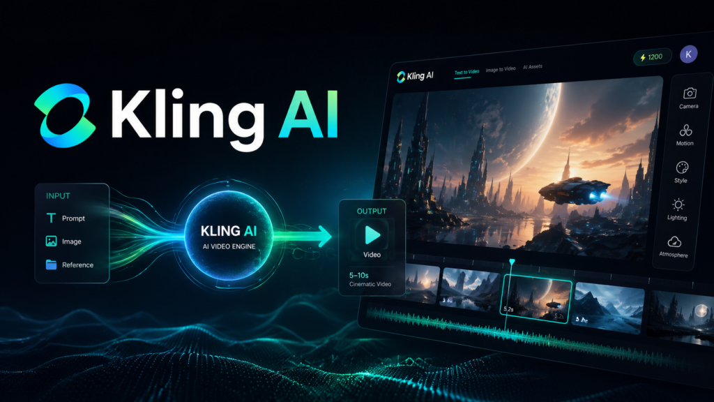 Futuristic hero image showing Kling AI transforming text, images, and reference inputs into a cinematic video output, with a modern AI interface, glowing data flow, and video editing dashboard on the right.
