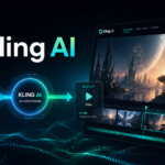 Futuristic hero image showing Kling AI transforming text, images, and reference inputs into a cinematic video output, with a modern AI interface, glowing data flow, and video editing dashboard on the right.