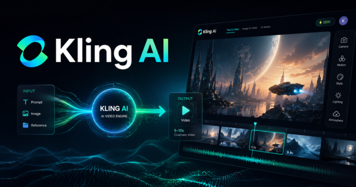 Futuristic hero image showing Kling AI transforming text, images, and reference inputs into a cinematic video output, with a modern AI interface, glowing data flow, and video editing dashboard on the right.