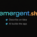 Emergent.sh AI app builder logo with tagline “Describe an idea, AI builds the app” on minimal white background