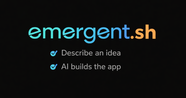 Emergent.sh AI app builder logo with tagline “Describe an idea, AI builds the app” on minimal white background