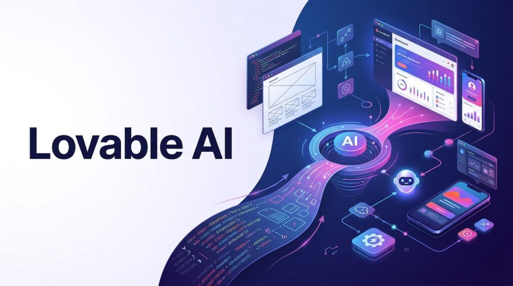 Lovable AI interface showing text prompts transforming into a working app dashboard with modern AI automation visuals