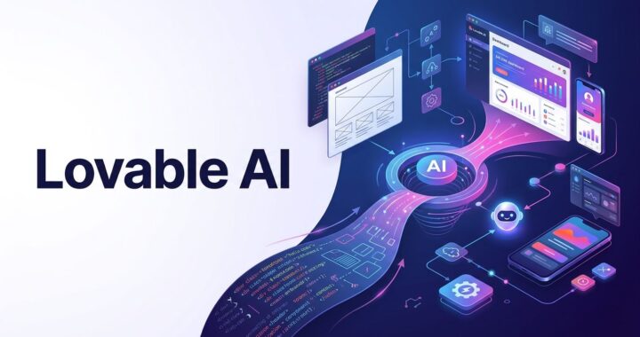 Lovable AI interface showing text prompts transforming into a working app dashboard with modern AI automation visuals