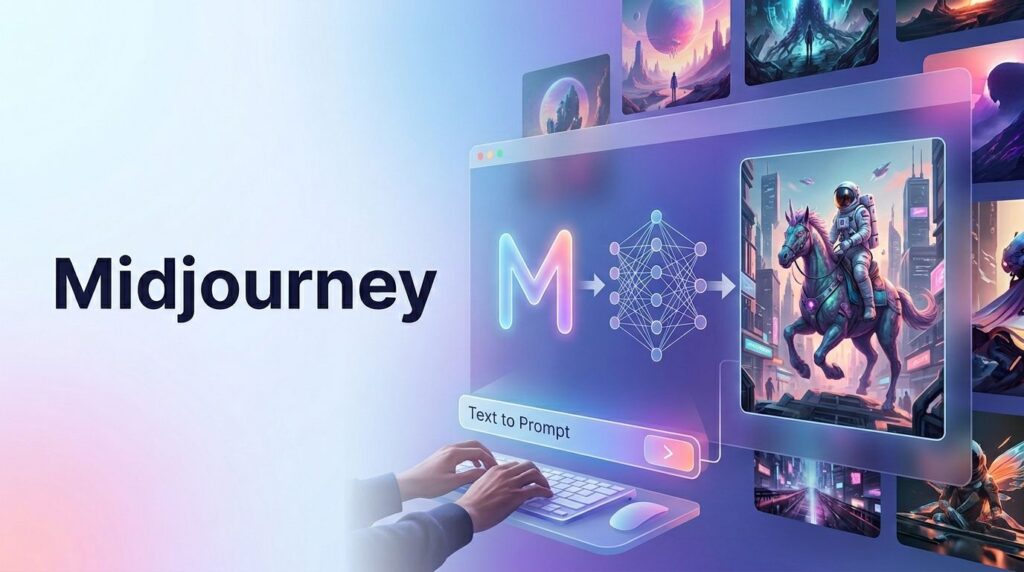 Futuristic hero image showing Midjourney AI transforming a text prompt into a high-quality visual, with glowing data flow, modern interface elements, and a clean 16:9 layout featuring the Midjourney title prominently