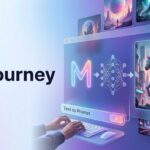 Futuristic hero image showing Midjourney AI transforming a text prompt into a high-quality visual, with glowing data flow, modern interface elements, and a clean 16:9 layout featuring the Midjourney title prominently