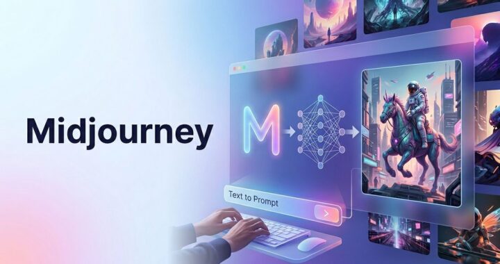 Futuristic hero image showing Midjourney AI transforming a text prompt into a high-quality visual, with glowing data flow, modern interface elements, and a clean 16:9 layout featuring the Midjourney title prominently