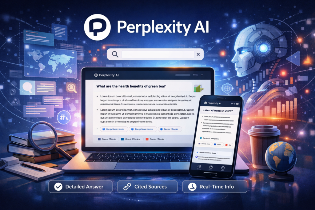 Futuristic illustration of Perplexity AI showing a laptop and smartphone displaying AI-generated answers with cited sources, surrounded by digital elements like a robot head, data charts, books, and a magnifying glass representing smart search and real-time information.