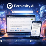 Futuristic illustration of Perplexity AI showing a laptop and smartphone displaying AI-generated answers with cited sources, surrounded by digital elements like a robot head, data charts, books, and a magnifying glass representing smart search and real-time information.