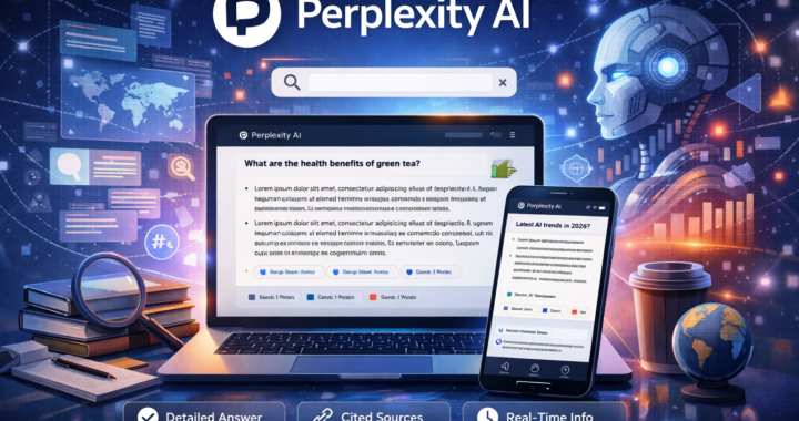 Futuristic illustration of Perplexity AI showing a laptop and smartphone displaying AI-generated answers with cited sources, surrounded by digital elements like a robot head, data charts, books, and a magnifying glass representing smart search and real-time information.