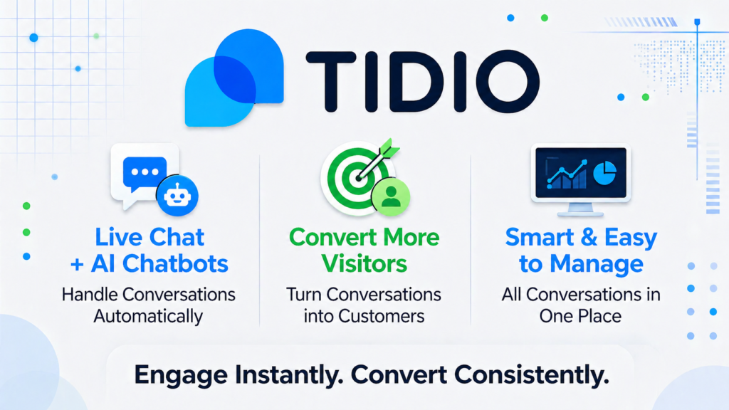 Clean infographic showing Tidio live chat and AI chatbot workflow, highlighting automated conversations, visitor conversion, and centralized chat management on a light gray background