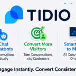 Clean infographic showing Tidio live chat and AI chatbot workflow, highlighting automated conversations, visitor conversion, and centralized chat management on a light gray background