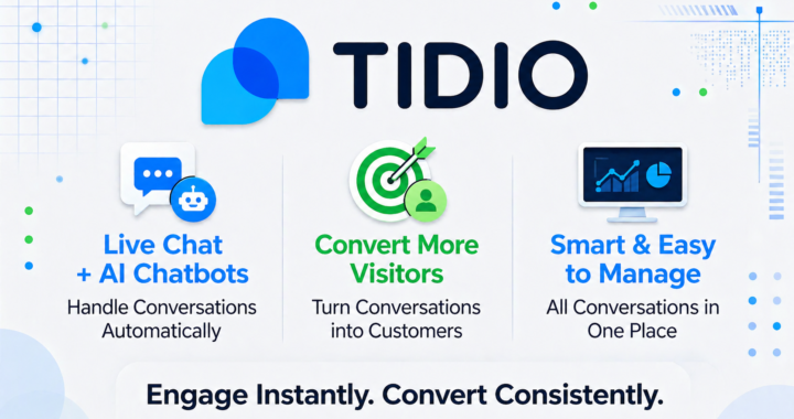 Clean infographic showing Tidio live chat and AI chatbot workflow, highlighting automated conversations, visitor conversion, and centralized chat management on a light gray background
