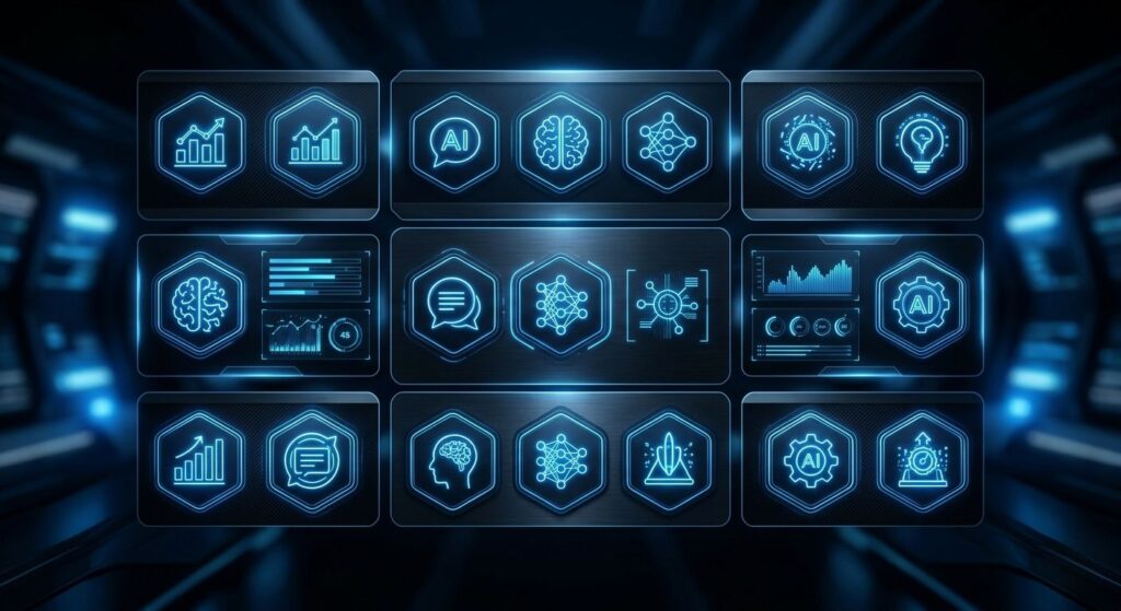 AI tools dashboard with futuristic interface and digital technology