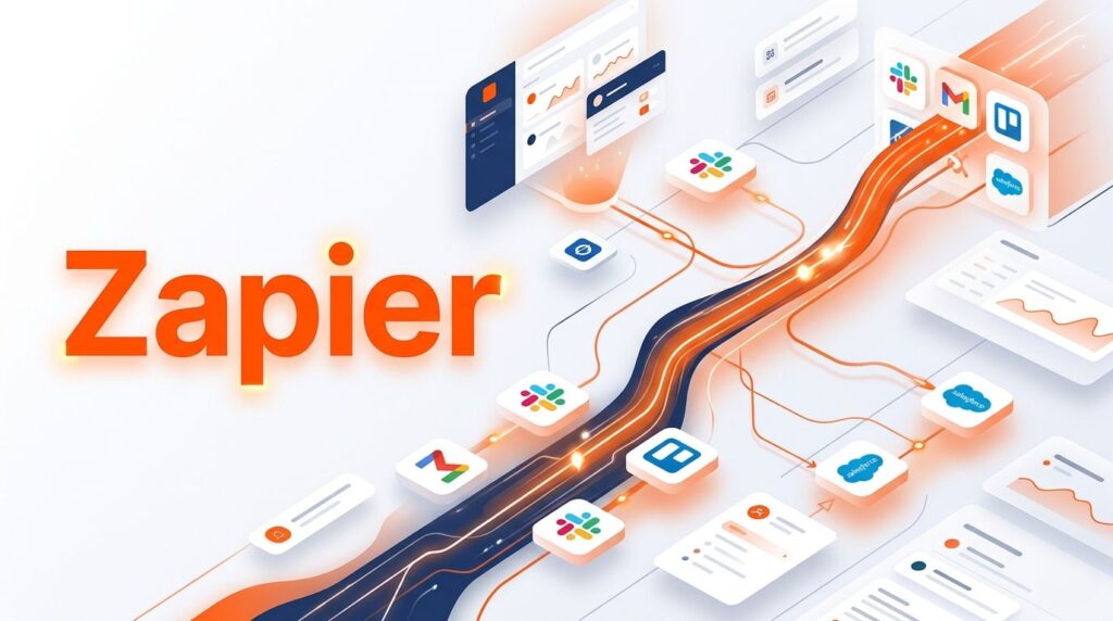 Futuristic Zapier hero image showing a multi-step automation workflow with trigger, filter, formatter, CRM integration, and email actions, illustrating how Zapier connects apps and automates tasks seamlessly