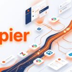 Futuristic Zapier hero image showing a multi-step automation workflow with trigger, filter, formatter, CRM integration, and email actions, illustrating how Zapier connects apps and automates tasks seamlessly