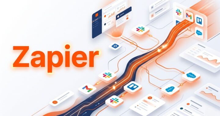 Futuristic Zapier hero image showing a multi-step automation workflow with trigger, filter, formatter, CRM integration, and email actions, illustrating how Zapier connects apps and automates tasks seamlessly