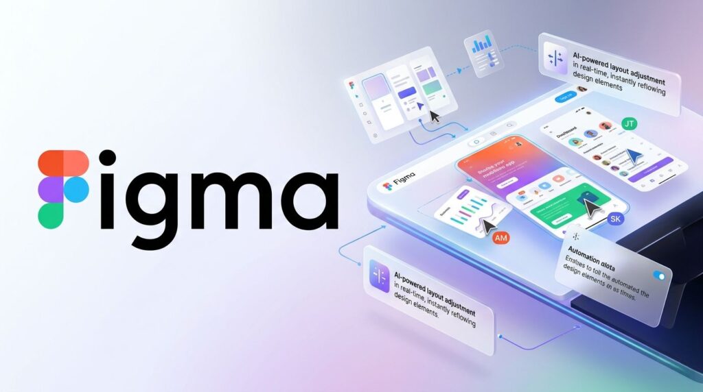 A high-quality 3D hero illustration for Figma featuring the official logo on the left. On the right, a futuristic interface displays AI-powered design automation, real-time layout adjustments, and multi-user collaboration cursors using Figma's signature brand colors (red, purple, blue, and green) on a clean, minimal background