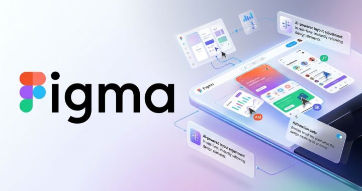 A high-quality 3D hero illustration for Figma featuring the official logo on the left. On the right, a futuristic interface displays AI-powered design automation, real-time layout adjustments, and multi-user collaboration cursors using Figma's signature brand colors (red, purple, blue, and green) on a clean, minimal background
