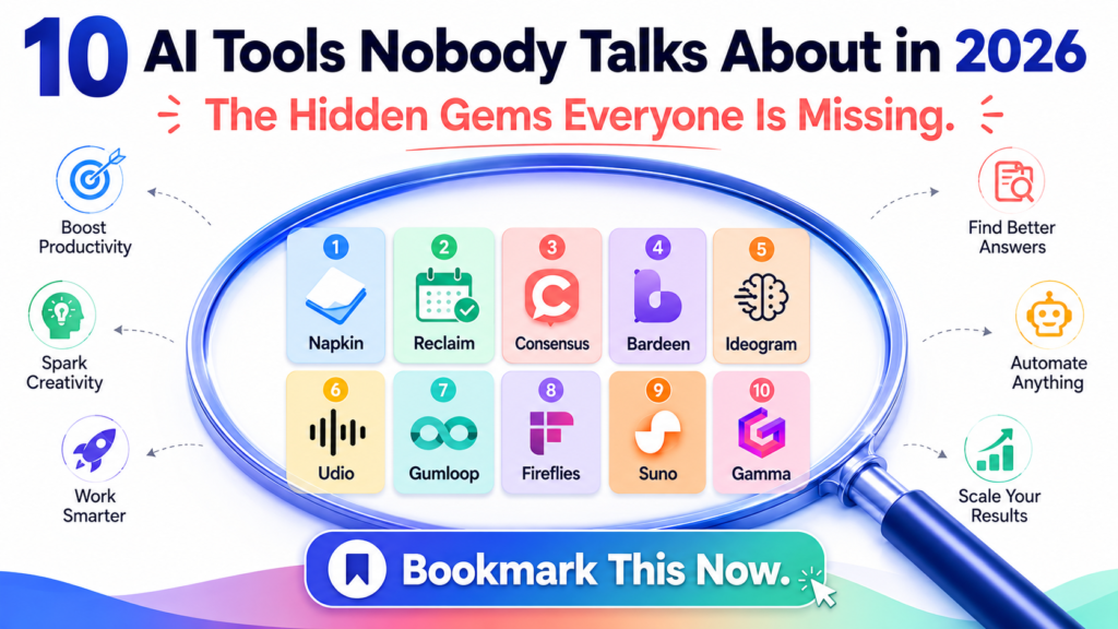 Bright modern tech poster with a white background featuring the headline “10 AI Tools Nobody Talks About in 2026” and the subtitle “The Hidden Gems Everyone Is Missing.” A large glowing blue magnifying glass highlights ten colorful AI tool cards: Napkin, Reclaim, Consensus, Bardeen, Ideogram, Udio, Gumloop, Fireflies, Suno, and Gamma. Surrounding icons represent productivity, creativity, automation, and growth. At the bottom, a bold “Bookmark This Now” call-to-action appears on a vibrant gradient button.