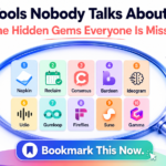 Bright modern tech poster with a white background featuring the headline “10 AI Tools Nobody Talks About in 2026” and the subtitle “The Hidden Gems Everyone Is Missing.” A large glowing blue magnifying glass highlights ten colorful AI tool cards: Napkin, Reclaim, Consensus, Bardeen, Ideogram, Udio, Gumloop, Fireflies, Suno, and Gamma. Surrounding icons represent productivity, creativity, automation, and growth. At the bottom, a bold “Bookmark This Now” call-to-action appears on a vibrant gradient button.