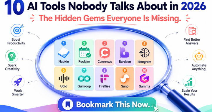 Bright modern tech poster with a white background featuring the headline “10 AI Tools Nobody Talks About in 2026” and the subtitle “The Hidden Gems Everyone Is Missing.” A large glowing blue magnifying glass highlights ten colorful AI tool cards: Napkin, Reclaim, Consensus, Bardeen, Ideogram, Udio, Gumloop, Fireflies, Suno, and Gamma. Surrounding icons represent productivity, creativity, automation, and growth. At the bottom, a bold “Bookmark This Now” call-to-action appears on a vibrant gradient button.
